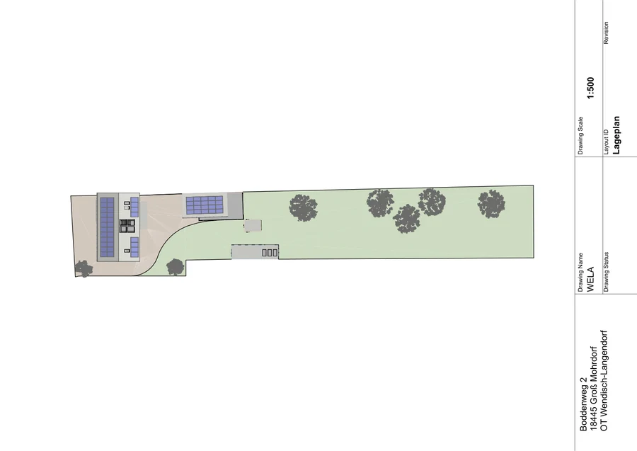CAD-Lageplan des langgestreckten WeLa-Areals mit Hauptgebäude, Nebengebäuden und Freiflächen.