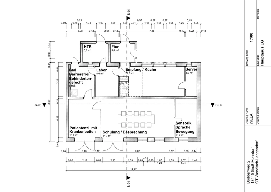 CAD-Grundriss des Haupthaus-Erdgeschosses mit Labor/Sensorik, Sprache/Bewegung, Schulungsraum, Patientenzimmer, Empfang und Serverraum.